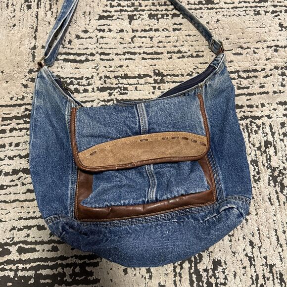 Handbags - Denim Jean Shoulder Hobo Bag Purse Jean Pockets Leather Y2K Vintage Retro Hippie